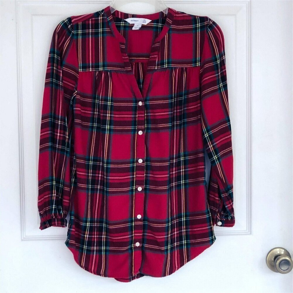 Old Navy the Tunic Shirt XS V Neck Long Sleeve Red Tartan Plaid Preppy Country